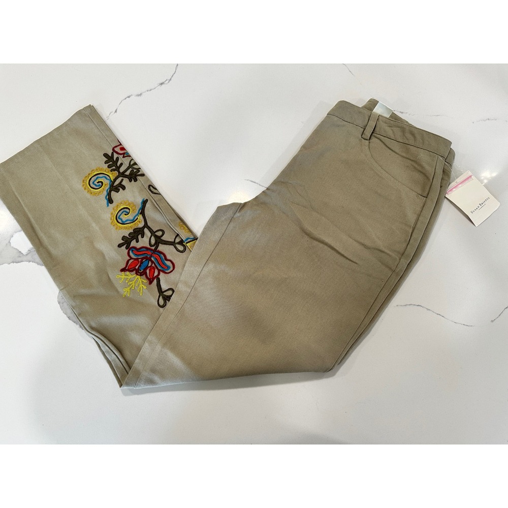 Tan Embroidered Floral Cotton Pants‎ Womens 6 New Boho Straight Leg